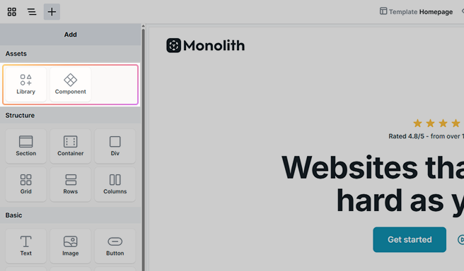 Assets panel in Mosaic’s Add menu displaying library and components optoin
