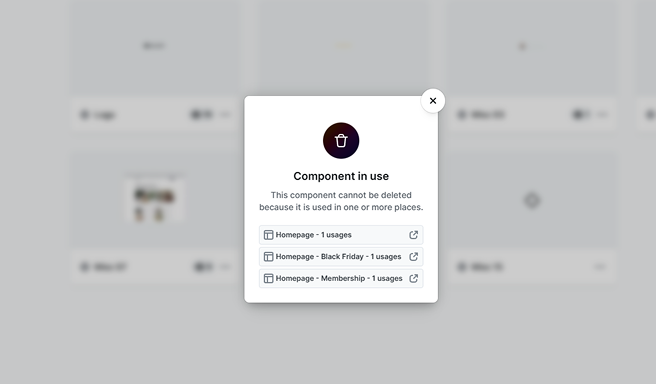 Warning popup in Mosaic notifying that a component cannot be deleted while it’s still in use on the website