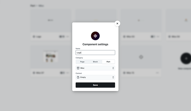 Component settings popup in Mosaic with fields to rename, assign a category, and select context for usage
