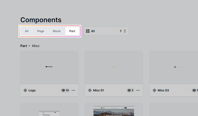 Component category tabs in Mosaic interface showing Page, Block, and Part options