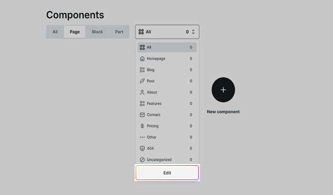 Edit button highlighted in Mosaic’s category dropdown for adding, renaming, or removing component categories