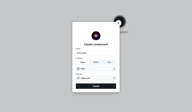 Context field in Mosaic’s Create Component popup defining which WordPress variables will be available in the component editor