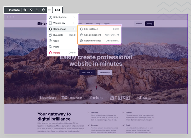 Toolbar in Mosaic displaying component actions such as Edit instance, Edit component, Detach instance, and Reset overrides