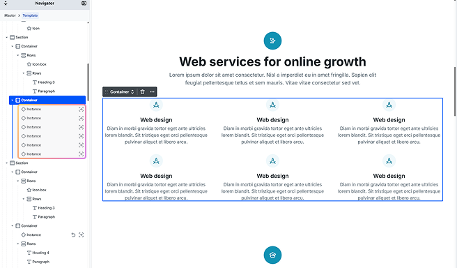 Mosaic editor showing a container with four identical component instances
