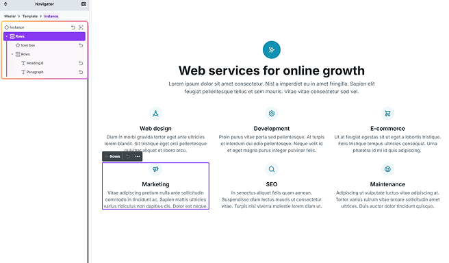 Component instances in Mosaic with individually customized text content while maintaining shared layout and design
