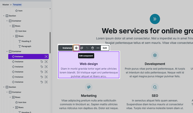 Mosaic toolbar showing the Edit component option for entering a component’s scope