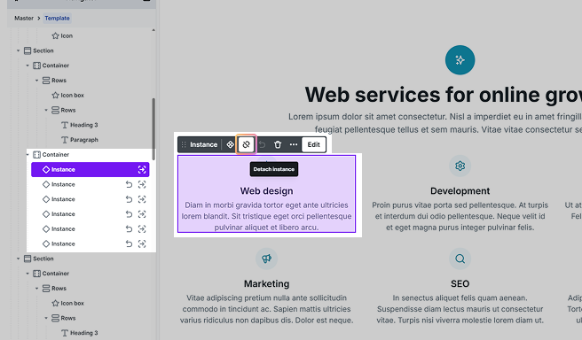 Detach instance button in Mosaic’s toolbar