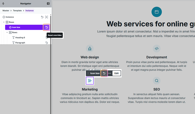 Mosaic Component instance settings showing the option to reset an overridden element back to the original Component design.