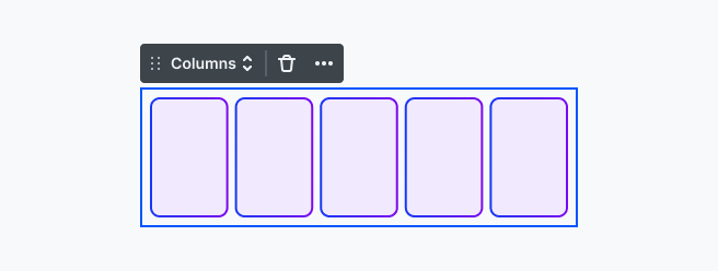 Columns element on the Mosaic canvas with five horizontally stacked child elements, arranged using flexbox layout