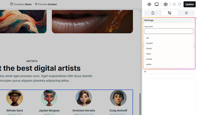 Advanced tab for Mosaic's Div element showing customizable HTML Tag name field