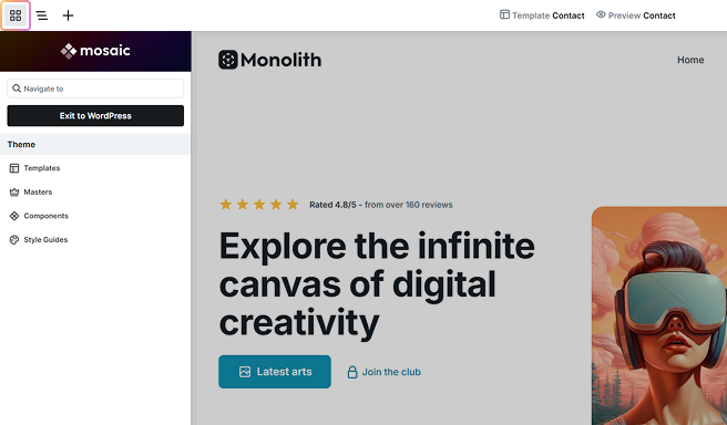 Menu button highlighted in Mosaic’s editor, opening the navigation menu