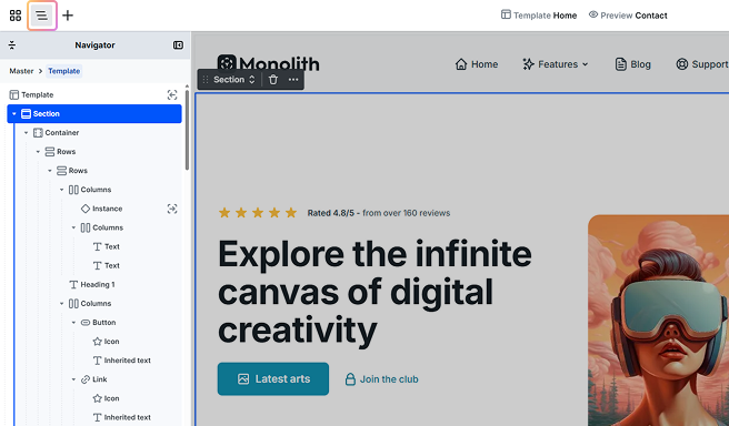 Navigator panel in Mosaic displaying a hierarchical structure of all elements within the current design