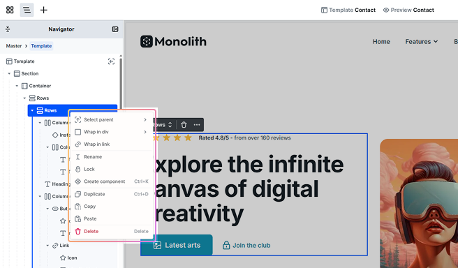 Right-click popup menu in Mosaic showing element editing options