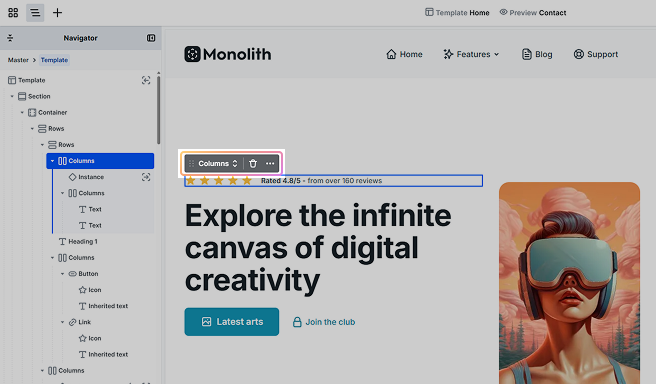 Toolbar displayed above the active element in Mosaic editor
