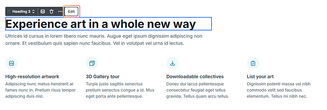Edit button highlighted on an active element's toolbar in Mosaic’s Canvas