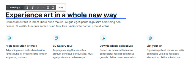 Toolbar on Mosaic’s Canvas with new options visible when editing within the scope of a selected element