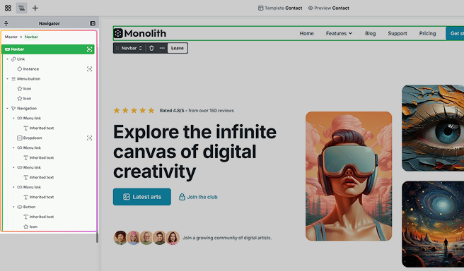 Navigator in Mosaic editor showing only the inner structure of the currently scoped element