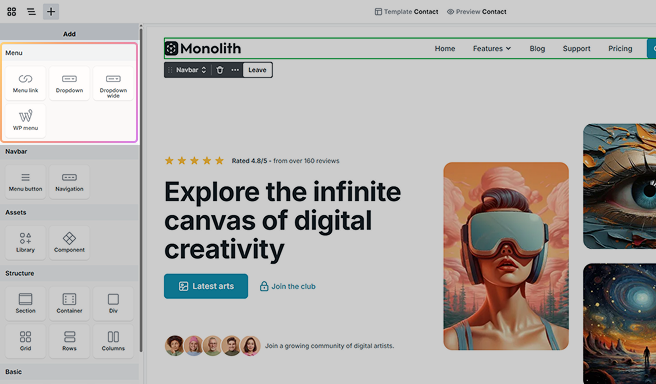 Add panel in Mosaic scoped to a selected element, showing only compatible elements that can be added within it