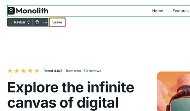Leave button highlighted in the toolbar, providing an option to exit the current editing scope of an element