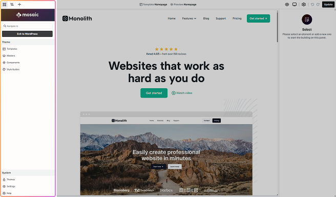 Mosaic Menu panel inside the Editor, displaying navigation options for quickly switching between templates, masters, style guides, components, and other sections while editing.