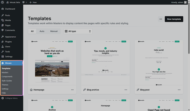 Mosaic dashboard inside the WordPress admin menu, showing a clean interface with navigation options.
