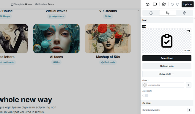 Advanced tab settings for the Icon element in Mosaic