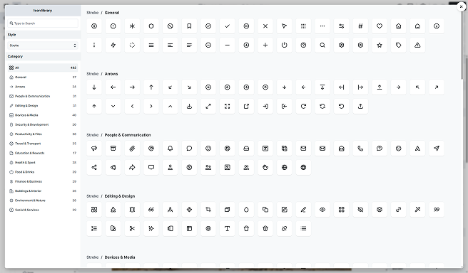 Mosaic Icon library window with search bar, style options, and category filters