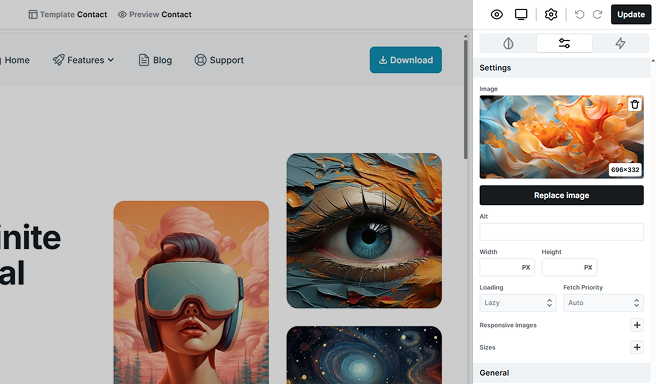 Image preview section in the image's Advanced tab showing uploaded image with options to replace or delete