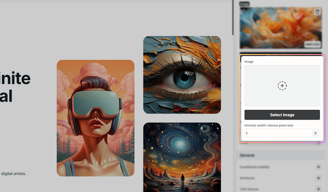 Responsive image settings pop-up in Mosaic displaying srcset options for defining images tailored to different screen resolutions