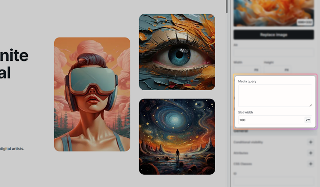 Sizes settings pop-up in Mosaic allowing customization of the sizes attribute for responsive image handling
