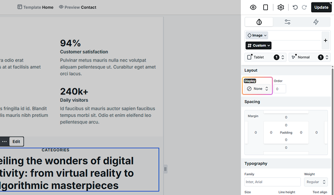 Display setting set to 'none' in Mosaic, used to hide an image element on specific breakpoints for responsive layouts