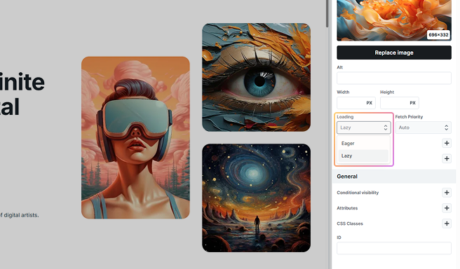 'Loading' attribute dropdown highlighted in Mosaic's advanced Image settings