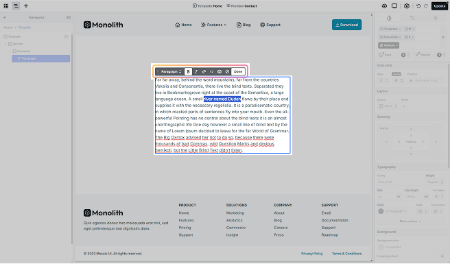 Canvas view in Mosaic showing inline text editing in progress with a floating toolbar offering formatting options for highlighted text