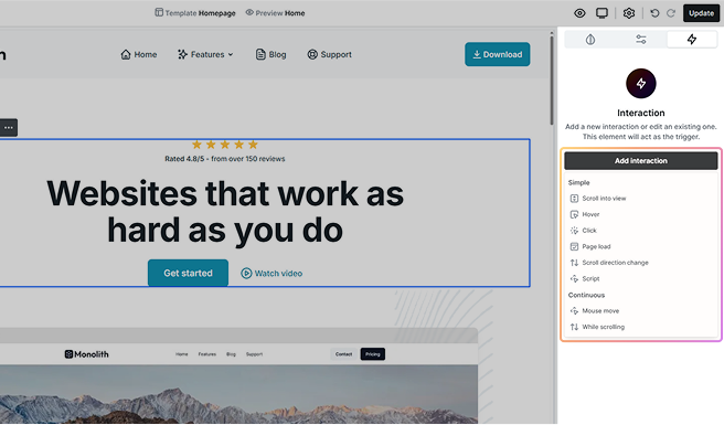 Mosaic Interactions panel displaying interaction types organized into two main groups