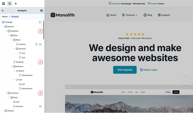 Mosaic Navigator highlighting elements marked with a lightning icon to indicate that interactions are applied