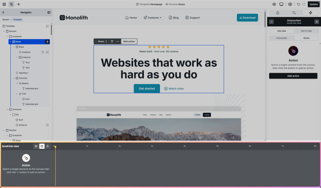Mosaic showing the visual Timeline, allowing precise control over actions