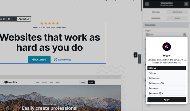Mosaic Interactions settings showing a row's trigger options