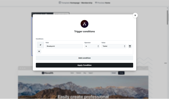 Mosaic Interactions panel showing Conditions settings, such as limiting animations to specific screen sizes