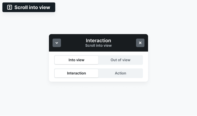 Mosaic Interactions panel displaying Scroll into view settings with options for triggering animations when an element enters or exits the viewport