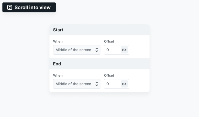 Mosaic Scroll into view interaction settings panel showing Start and End options with adjustable offsets to control when an animation begins and stops
