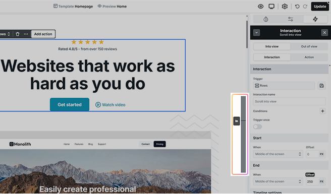 Mosaic Canvas with scroll-based interaction preview marker on the right side, indicating where the animation starts and ends
