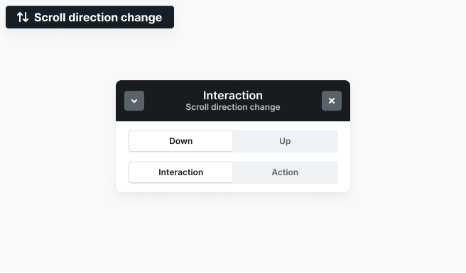 Mosaic Interactions panel showing Scroll direction change settings with options to trigger animations when scrolling down or up the page