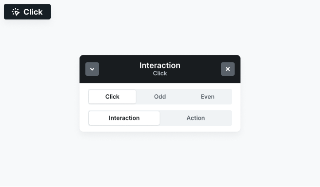 Mosaic Mouse click interaction settings panel with options for Click, Odd, and Even to define different animations based on user clicks