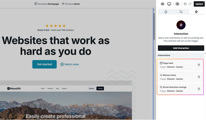 Mosaic Interactions tab in the right sidebar listing all interactions for the selected element, showing interaction type and trigger element with the option to remove