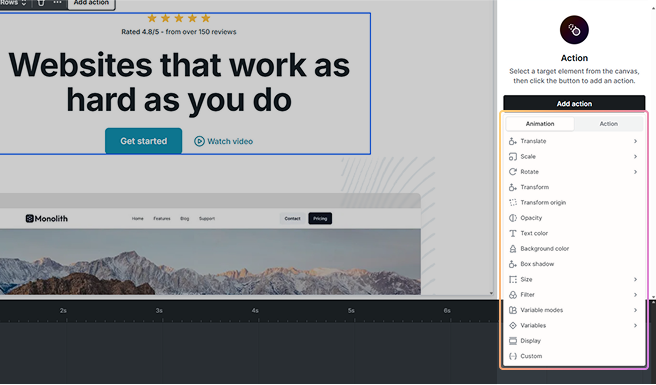 Mosaic Interactions Action tab showing the Add action button for creating animations with multiple keyframes (tweens)