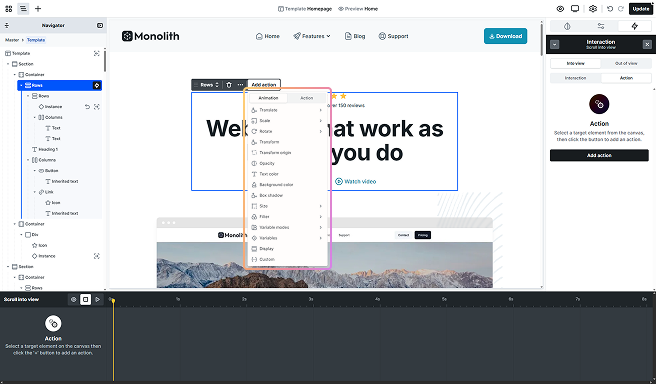 Mosaic element toolbar with the Add action option highlighted, allowing animations to be added directly to the selected target element