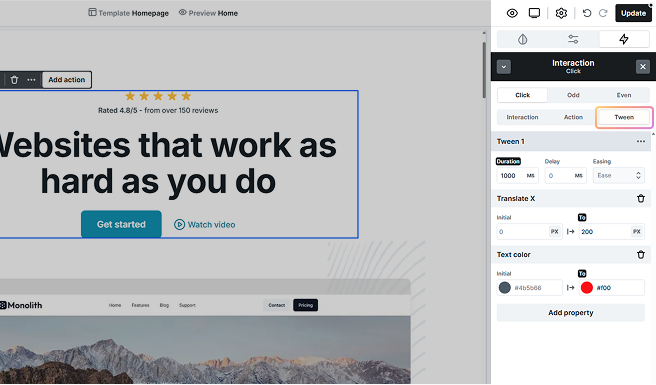 Mosaic Interactions panel showing Tween settings with options for Duration, Delay, and Easing