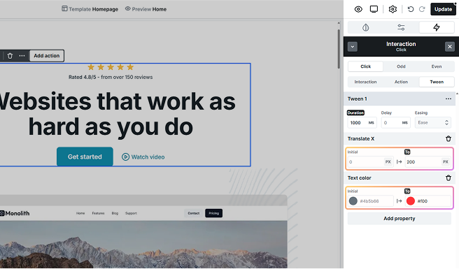 Mosaic Tween editor showing Initial and End value fields