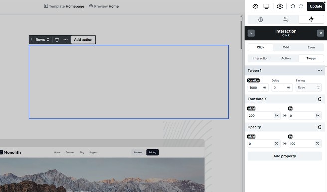 Mosaic Tween example showing Translate Y moving an element upward by 200px while Opacity fades from 0% to 100% in the same animation