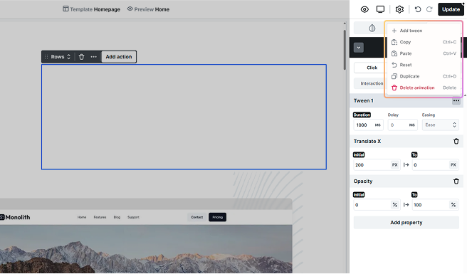 Mosaic Interactions panel showing the Tween tab with a three-dot menu open to select Add tween